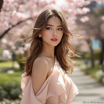 A young woman with long, flowing hair in soft waves wears a delicate off-shoulder pale pi…