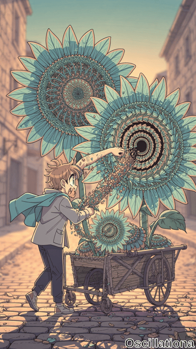 Anime boy with surprised expression pushes cart of teal sunflowers, reaching into spirali…