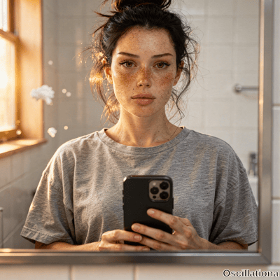 A young woman with fair skin covered in dense freckles and hazel eyes takes a mirror self…