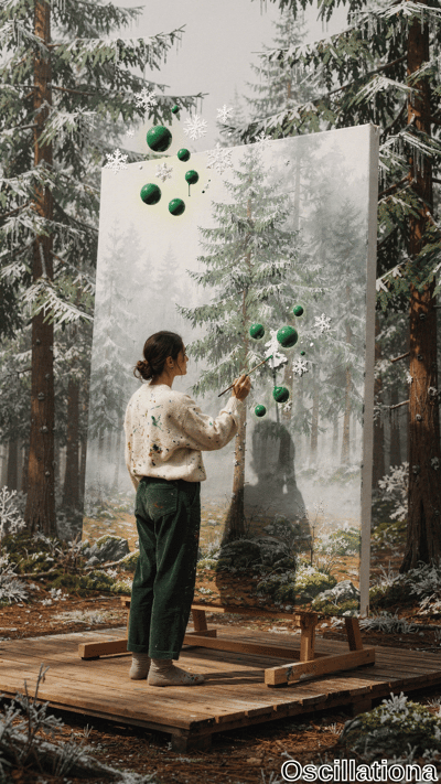 A back-view of woman with bun in paint-splattered cream sweater, green corduroy pants, fu…