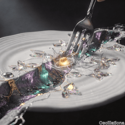 A white plate holds a surreal scene with a fork interacting with a golden cube at its cen…