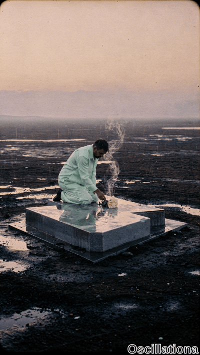 Middle-aged South Asian man with short dark hair, mustache, and solemn gaze kneels in min…