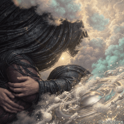 A surreal cosmic scene with a figure in a dark, flowing robe with vein-like patterns embr…