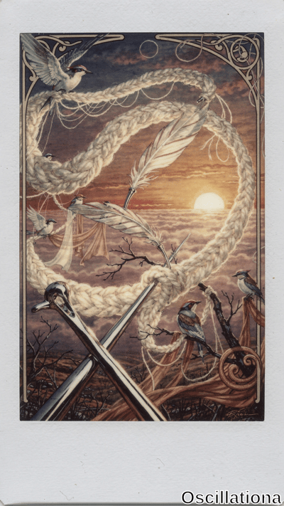 Vertical Polaroid-framed Art Nouveau tarot card: twilight purple-orange sunset sky with g…