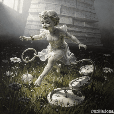 Surreal painting of cracked porcelain doll girl with rusted wrist in daisy meadow with me…