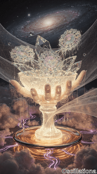 A translucent hand holds an intricately designed, glowing goblet with crystalline structu…