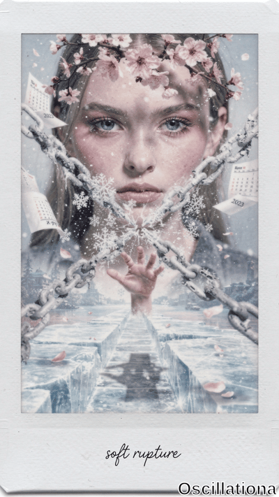 Surreal Polaroid portrait in white frame of pale, snow-dusted woman with wavy blonde hair…