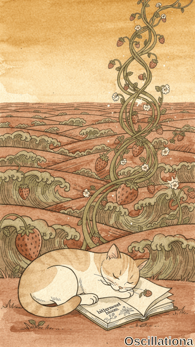Whimsical watercolor in warm earth tones depicts sleeping orange tabby cat with white bel…
