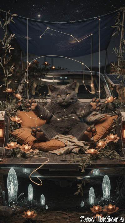 A regal fluffy gray cat with yellow eyes sits upright in rusted pickup truck bed on orang…