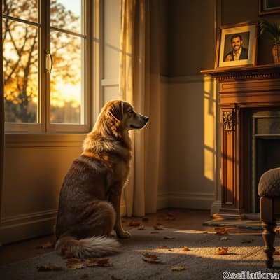 A golden retriever sits gracefully on a light rug, bathed in warm sunlight from a window,…