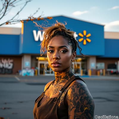 A person with extensive tattoos on their neck, shoulders, and arms stands in front of a W…