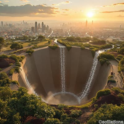 A surreal, futuristic cityscape at sunset with a large, circular, man-made crater in the …