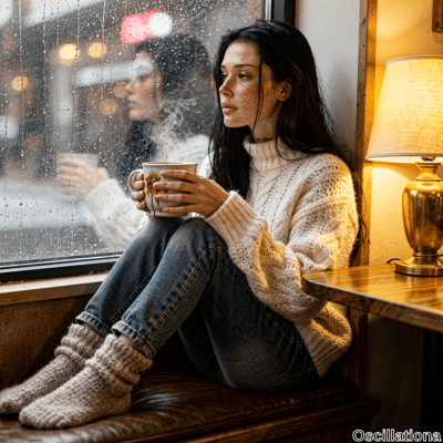 Young freckled woman with long black hair and melancholic gaze sits introspectively by ra…