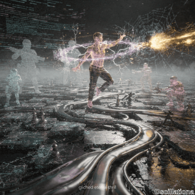 A muscular figure in dark pants, suspended mid-air with glowing veins and a vibrant elect…