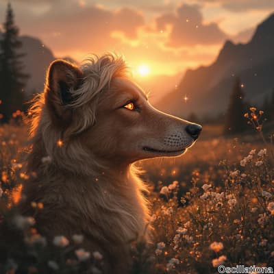 A serene, golden-hued scene with a dog in profile facing right, its fluffy coat illuminat…