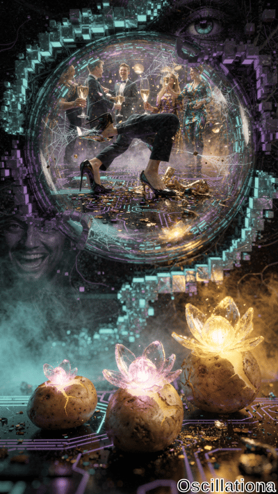 A surreal digital artwork featuring people in formal attire celebrating inside a transpar…