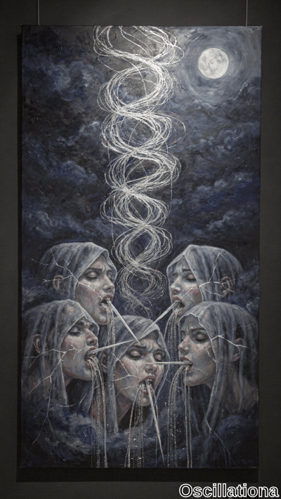 Surreal painting in dark gallery spotlights: stormy sky, luminous moon, silver spiral ris…
