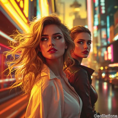 Two confident women in a bustling urban nightlife scene at dusk; one with wavy blonde hai…