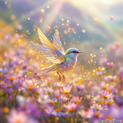 A small bird with glowing, colorful plumage in shades of blue, yellow, and white flies am…