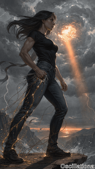 A confident woman stands on a rocky outcrop in a stormy landscape, wearing a black t-shir…