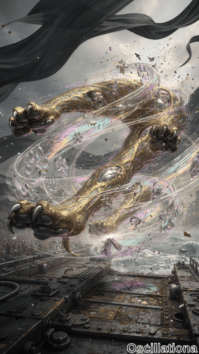 A surreal scene featuring a large, golden mechanical creature with multiple feline-like p…
