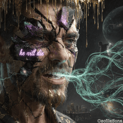 A surreal digital artwork of a man's face, cracked and fragmented with dark, crystalline …