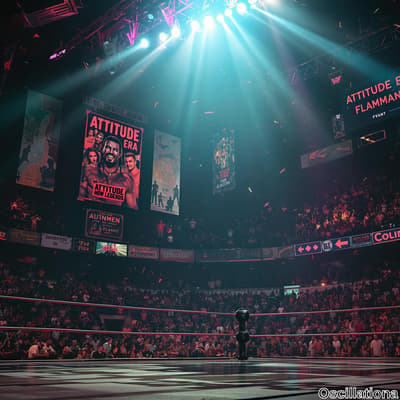 A vibrant wrestling arena filled with spectators, spotlighting a ring with a dramatic glo…