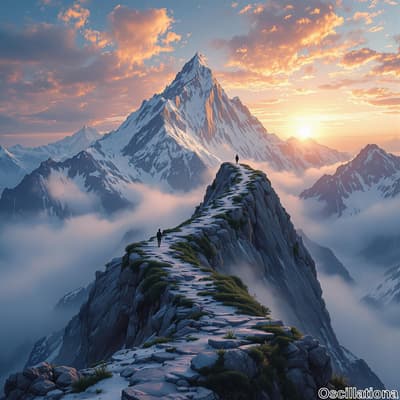 A dramatic mountain landscape at sunrise or sunset, featuring a towering, snow-capped pea…