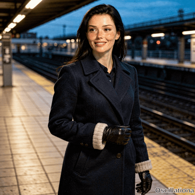 A striking red-haired freckled woman smiles confidently at the camera on an urban train p…
