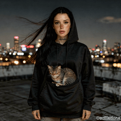 A freckled woman with wind-swept dark hair, wave tattoo on neck in black hoodie on roofto…
