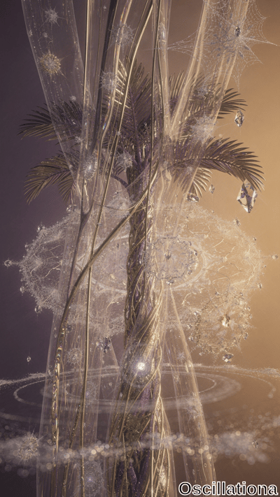 An abstract, surreal scene centers on a palm tree with its trunk encased in a golden, vin…