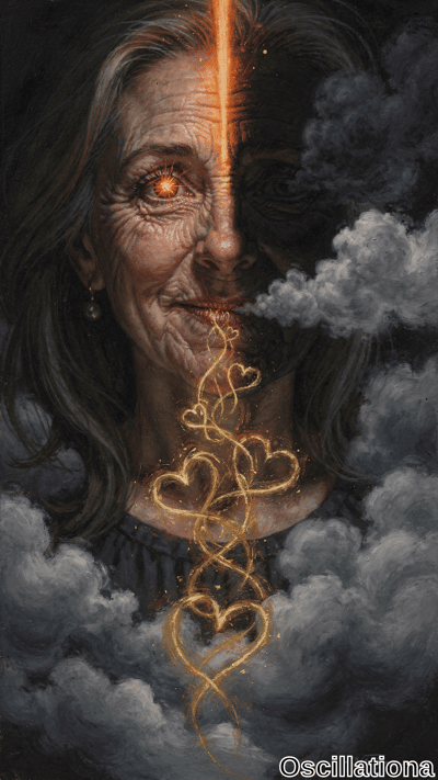 A surreal artwork showing a human figure with long, dark hair, face partially hidden by s…