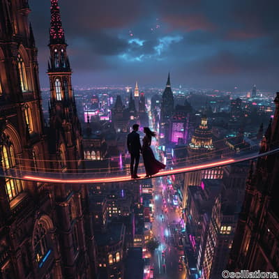 A man in a suit and a woman in a flowing dress stand on a neon-lit tightrope between goth…