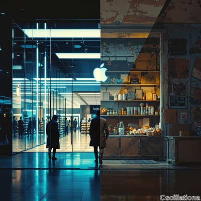 A split image contrasting a modern Apple Store on the left, with its illuminated logo, sl…