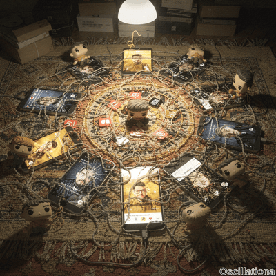 Dimly lit room with warm golden glow from hanging lamp over ornate beige-orange Persian r…