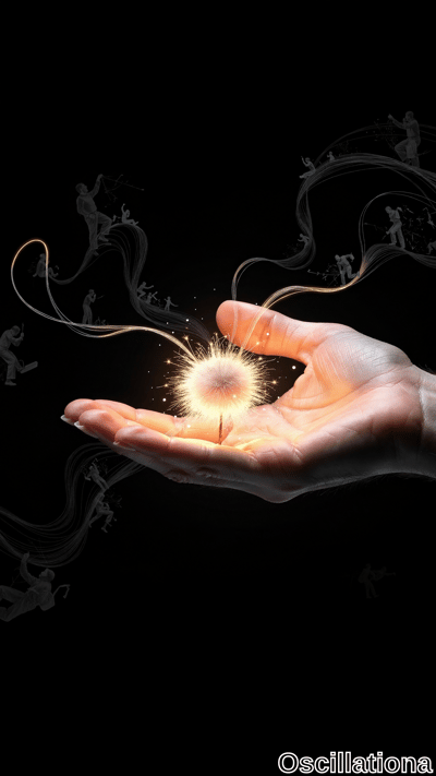 A hand holds a glowing sphere emitting radiant light and sparkling particles, resembling …