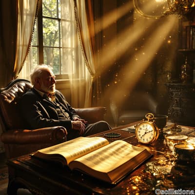 An elderly man in a leather armchair bathed in golden light from large windows with sheer…