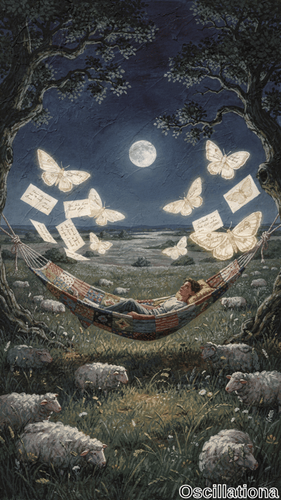 Surreal tarot-style nighttime painting: young man asleep in colorful patchwork hammock be…