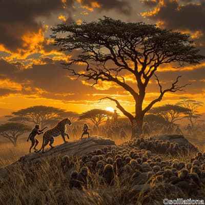 A dramatic African savanna sunset scene with an iconic acacia tree on the right, bathed i…