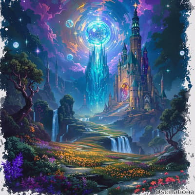 A vibrant, fantastical landscape with a grand, illuminated castle on a rocky outcrop, its…