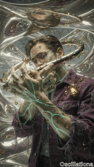 A person in a purple denim jacket with golden crystals plays a flute against a surreal, r…