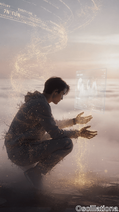 A person in a hoodie and pants crouches, interacting with a holographic screen labeled "d…