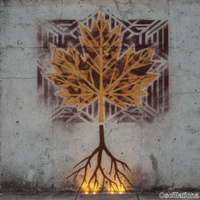 Stylized maple leaf tree in yellow orange and ochre on concrete wall with glowing roots l…