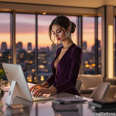 A stylish woman in a deep purple blazer sits at a modern desk in a high-rise office, her …