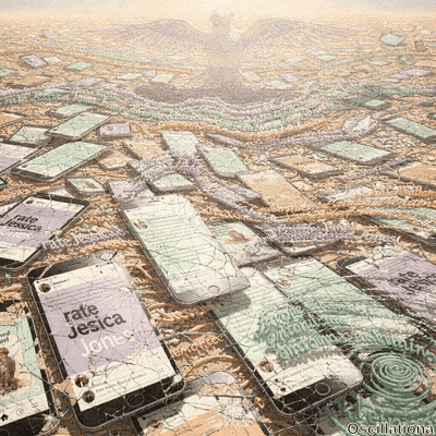 Surreal digital artwork of vast cracked beige-orange desert dunes buried under shattered …