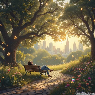 A person lies on a wooden bench in a lush park, surrounded by large trees forming a canop…