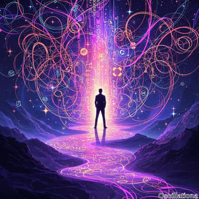A surreal cosmic landscape with deep purples and vibrant pinks; a solitary figure stands …