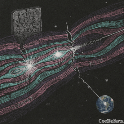 A surreal chalk illustration on black background with ancient tablet of cryptic symbols, …