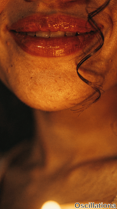 A close-up of a person's lower face, highlighting glossy reddish-orange lips with visible…