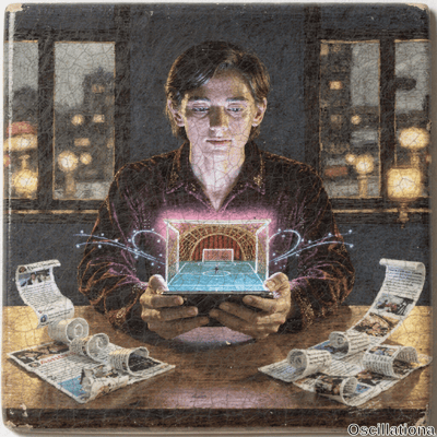 Surreal aged painting with craquelure: pale young man in shimmering purple velvet jacket …